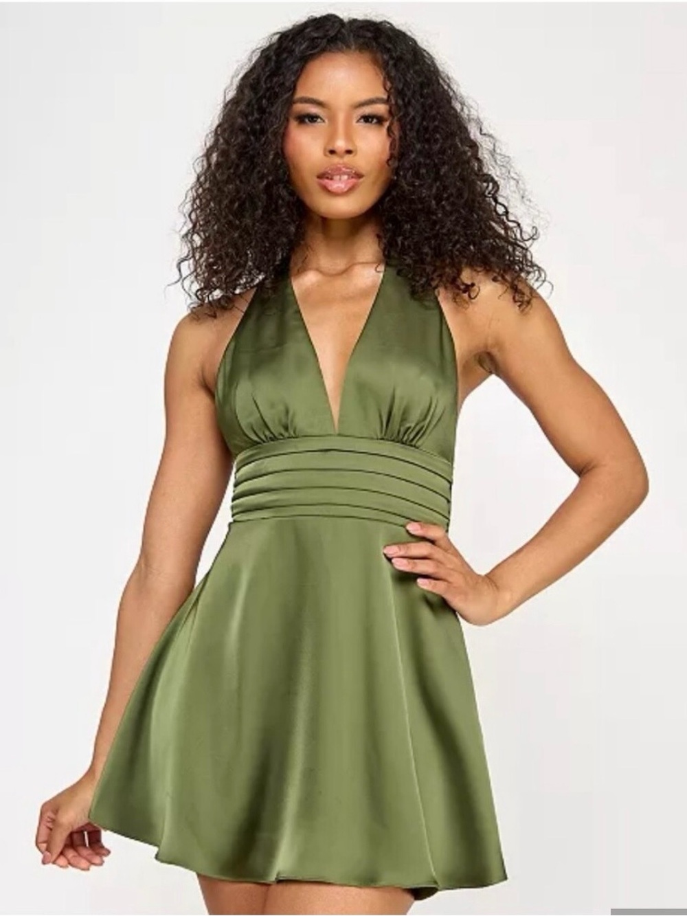 Olive Halter V-Neck Satin Mini Dress - L